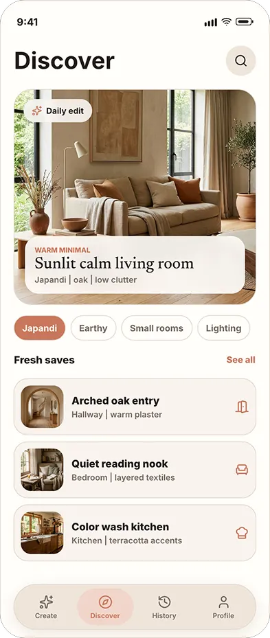 Roomlio Discover screen showing curated interior design inspiration