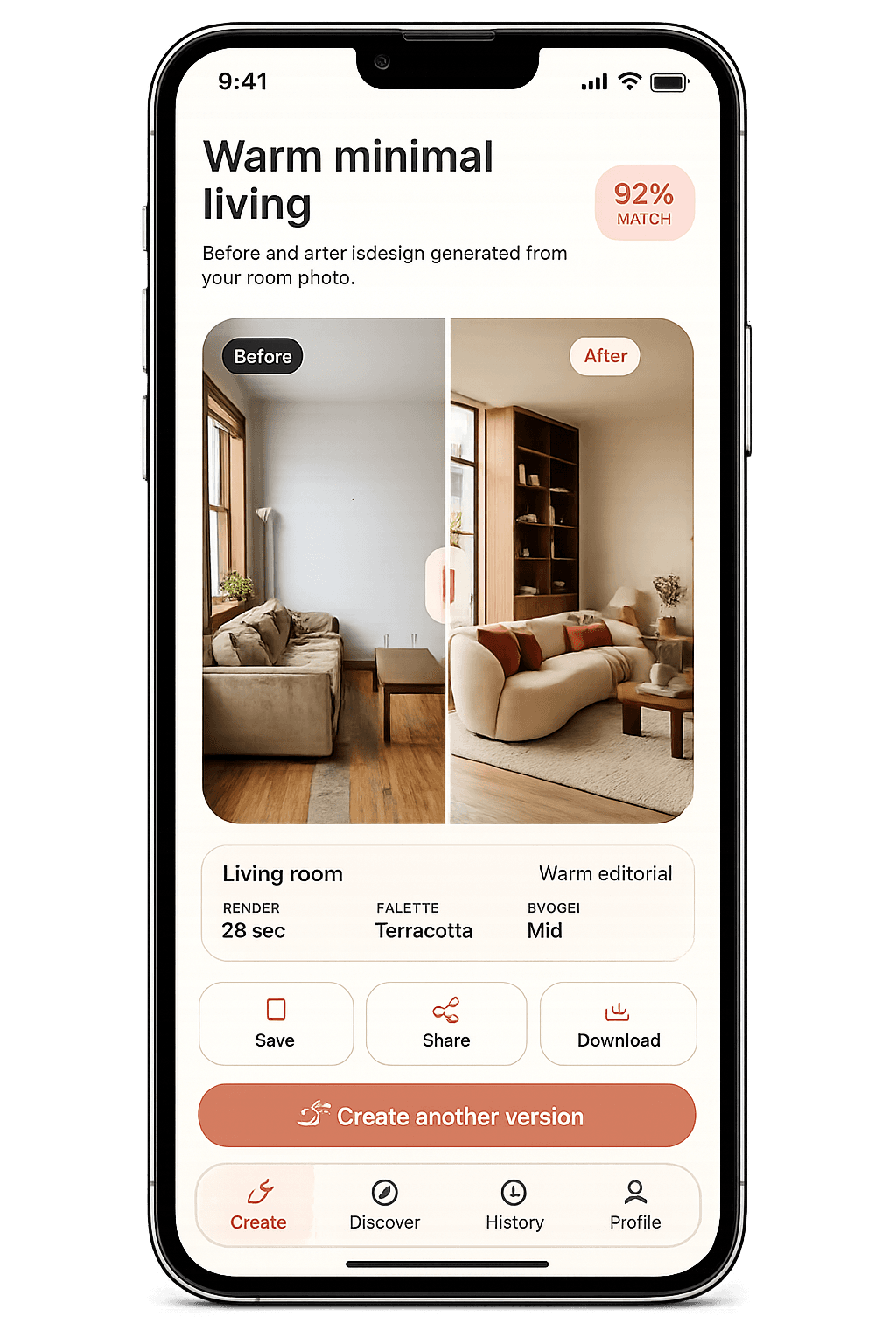 Roomlio app shown inside an iPhone mockup with a warm minimal living room redesign