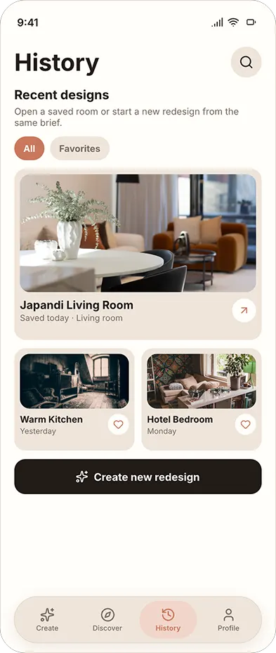 Roomlio history screen showing saved interior design concepts