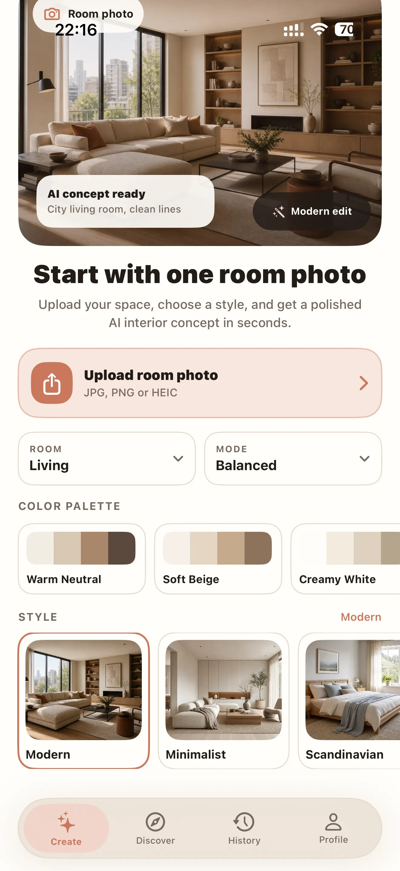 Roomlio app interface showing room photo upload, palette selection and style selection