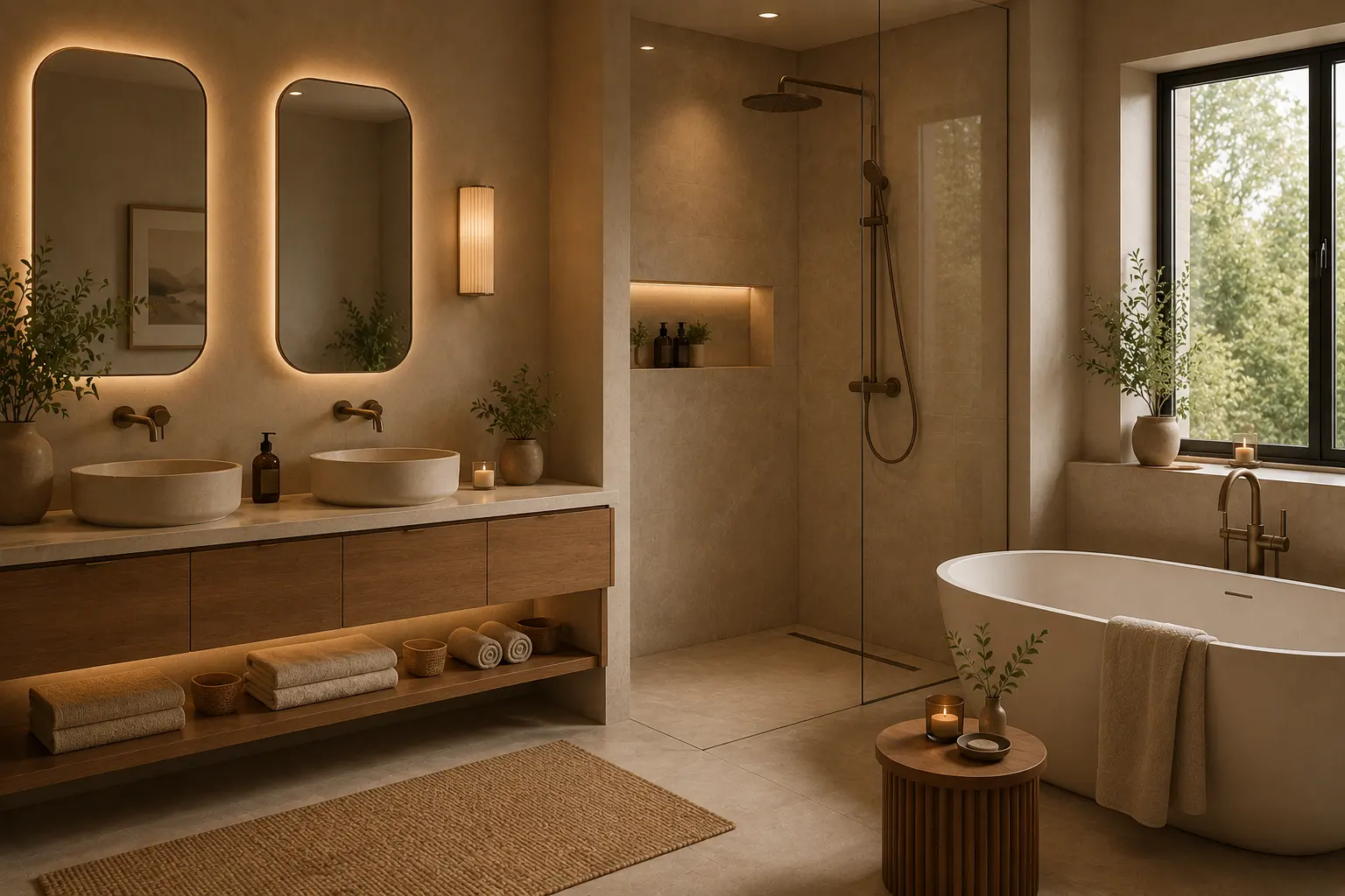 Warm spa-like modern bathroom with natural stone, wood, soft lighting and a freestanding bathtub