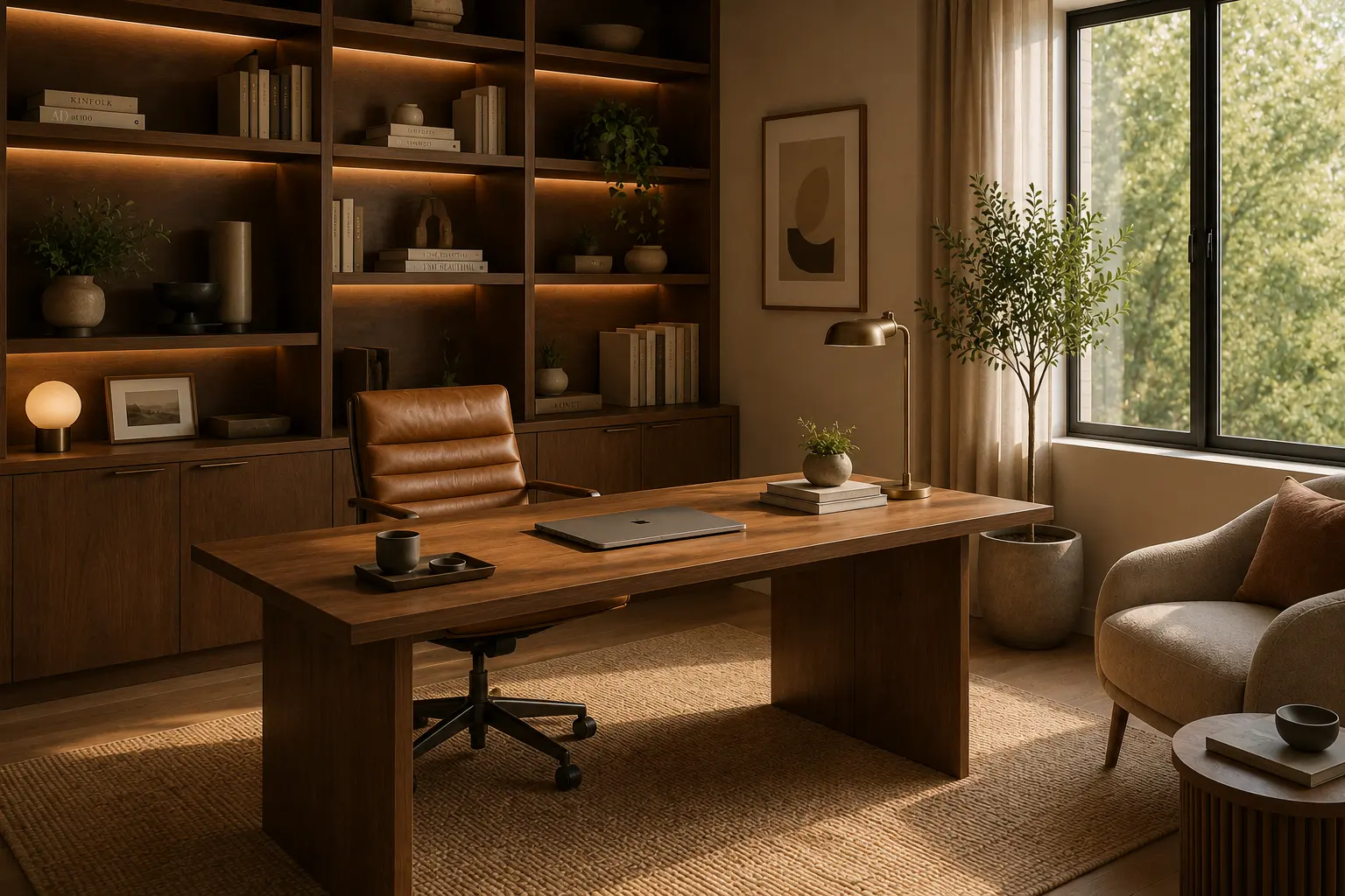 Warm modern home office with walnut shelving, a wooden desk and soft natural light