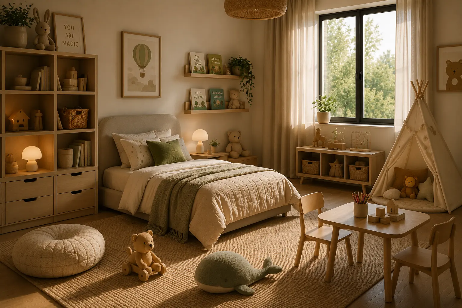 Warm Scandinavian kids room with natural wood, soft textiles, toys and a cozy play area