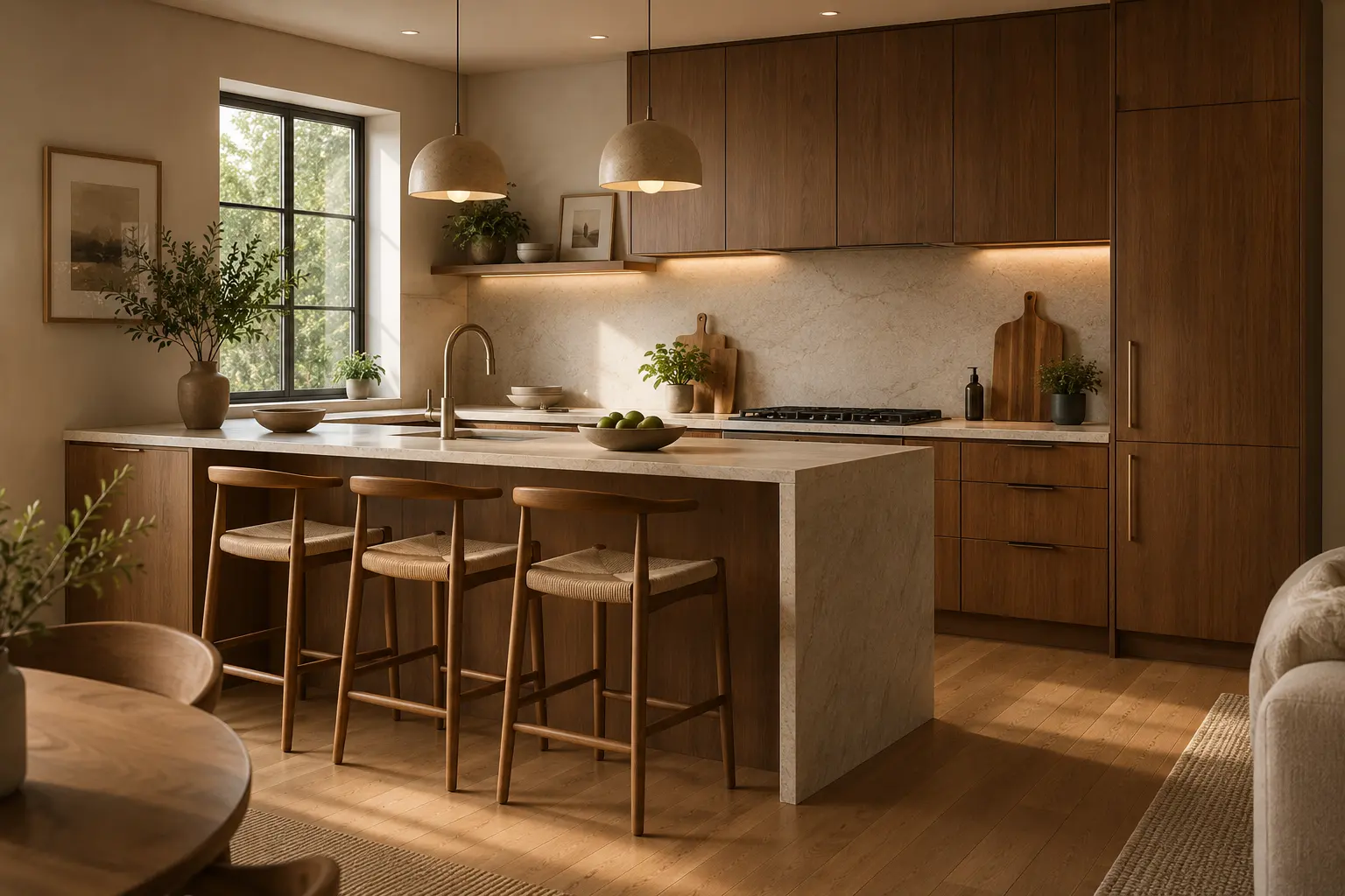 Warm modern kitchen with dark wood cabinetry, a light stone island and soft natural light
