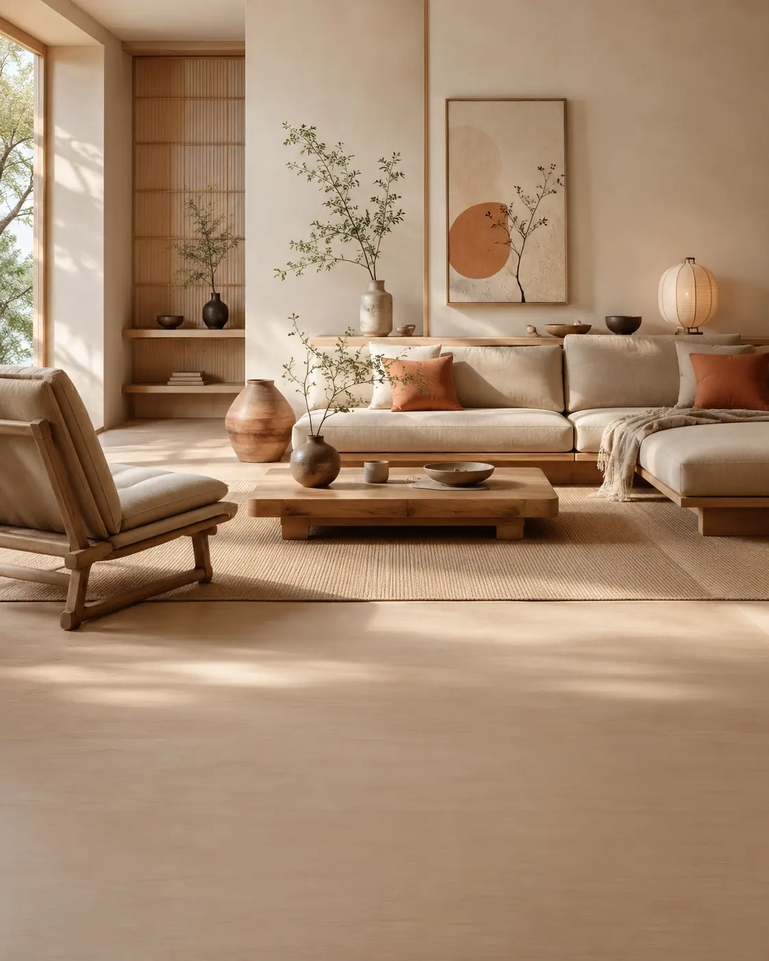 Warm Japandi living room with natural wood, neutral textiles and handcrafted decor