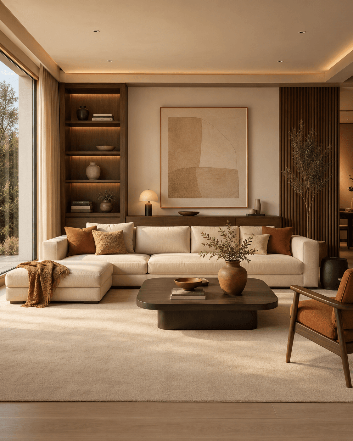 Warm modern living room with clean furniture, dark wood and terracotta accents