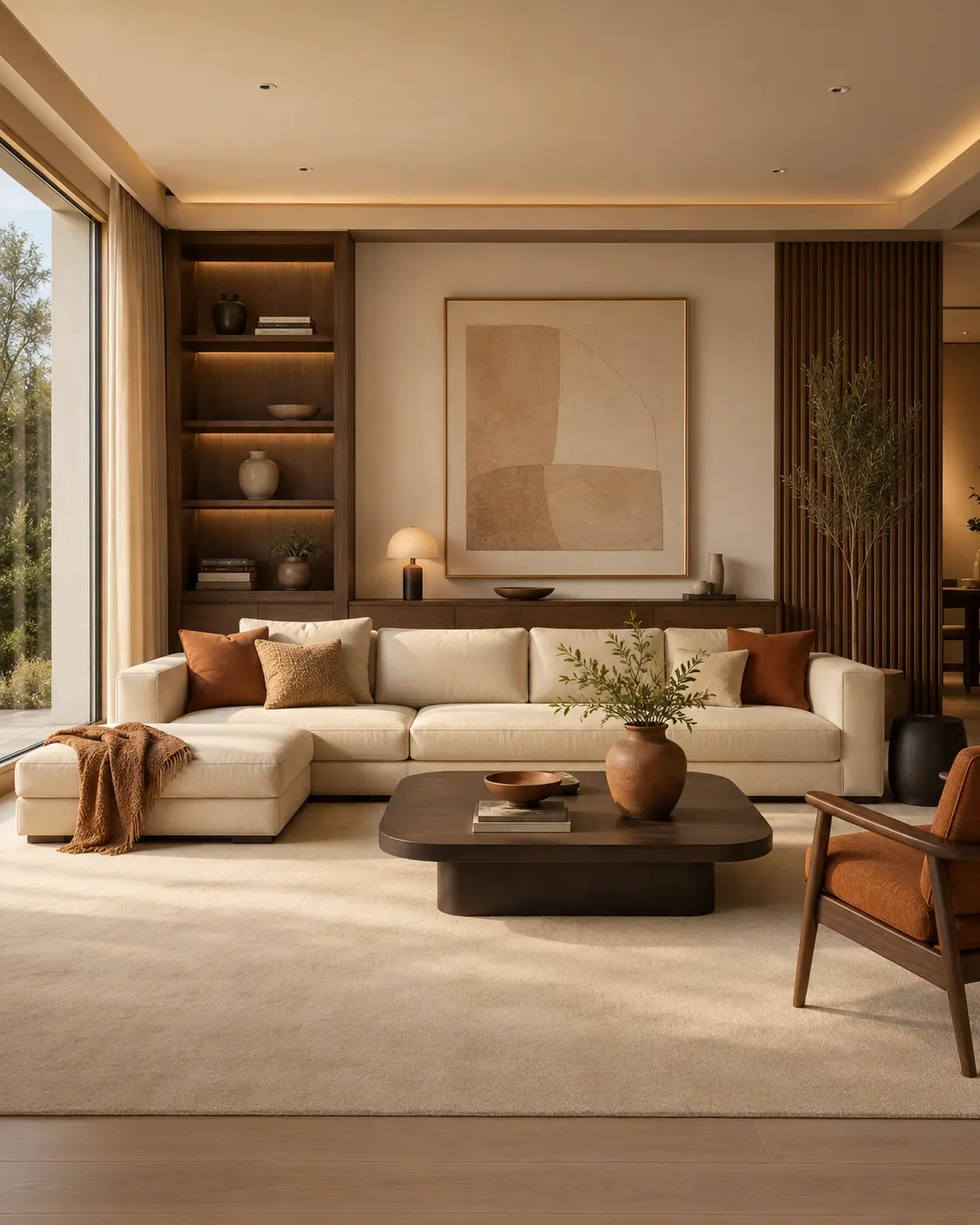 Warm modern living room with clean furniture, dark wood and terracotta accents