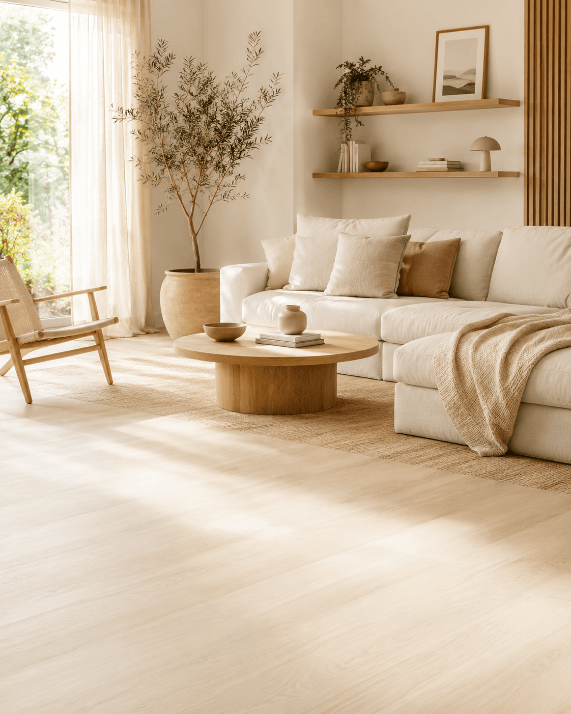 Bright Scandinavian living room with light wood, soft textiles and natural greenery